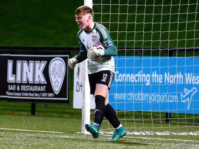 Derry City goalkeeper Raudhan McKenna celebrates saving a penalty from Bohemians Darragh Murtagh. Picture: George Sweeney.  DER2143GS - 077