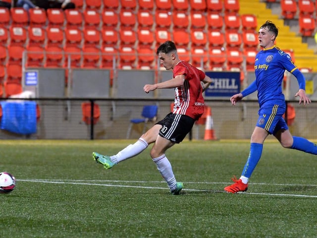 Derry City striker Patrick Ferry hits the Bohemians post with a first-half shot. Picture: George Sweeney.  DER2143GS - 074
