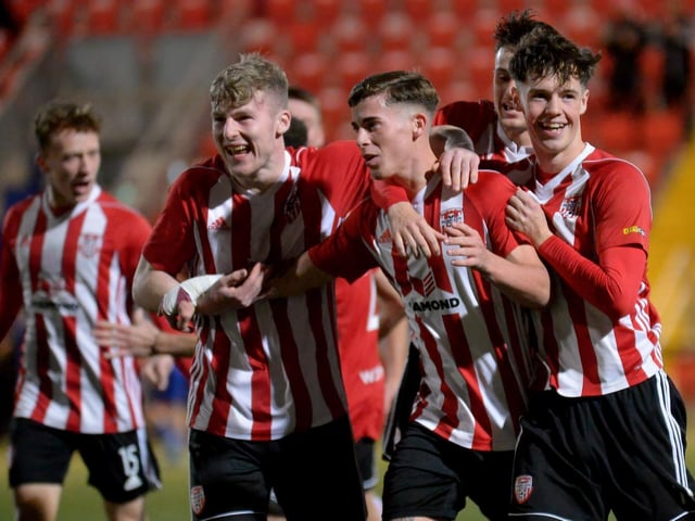 Derry City players celebrate Evan McLaughlin’s extra-time penalty conversion. Picture: George Sweeney. DER2143GS - 076