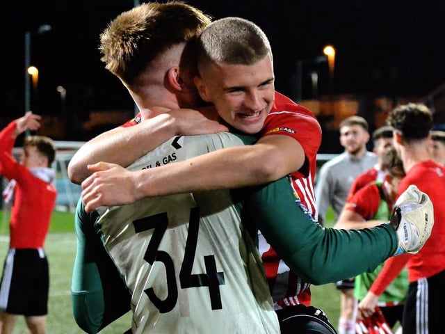 Derry City’s Caoimhin Porter celebrates with goalkeeper Raudhan McKenna after winning the EA Sports U19 Enda McGuill Cup. Picture: George Sweeney. DER2143GS - 081