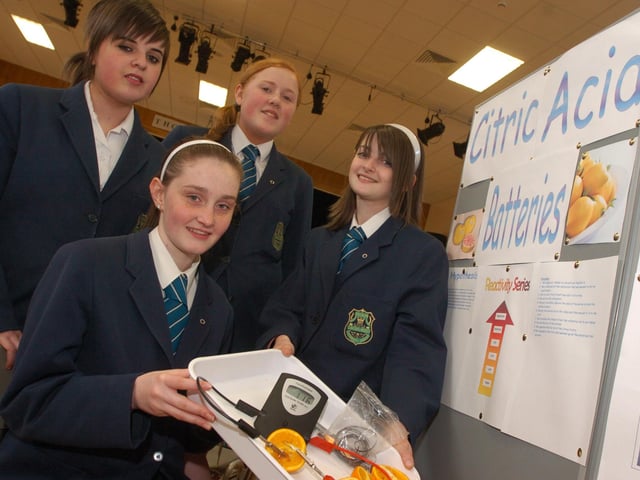 From left, Laura Doherty, Rachel Dunne, Rebecca Harkin, and Claire Cassidy from Thornhill College who built citric acid batteries after weeks of research and went on to be the winning group in the Thornhill Science Fair. (2706PG08)