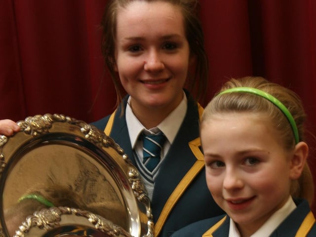 Thornhill College students Sarah Wallace and Sinead Sharkey, section winners at the Foyle and District Road Safety Committee's annual Schools Public Speaking competitions held in the MDEC. (0812T01).