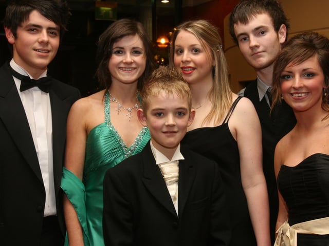 Pupils and partners arriving for the St.Brigid's College, Carnhill, annual formal held at the Everglades Hotel. From left are Lee McMullan, deputy Head Boy at Foyle and Londonderry College, Mari Brennan, Head Girl, Sean Paul McCauley, Bronagh McCloskey, Deputy Head Girl, Thornhill College, Christopher Ferry, Head Boy, St.Brigid's College, and Clare Smith, Head Girl. (0312T11).