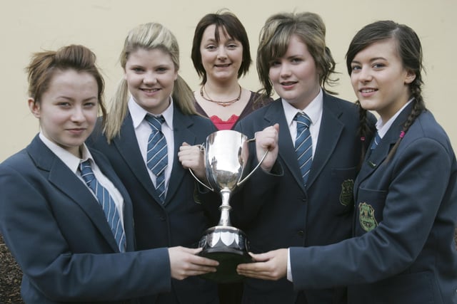Thornhill College winners of the Group Drama Feis Cup. From left are Hannah Curran, Leanne McMullan, Mrs. Fiona Meade, teacher, Alexandera Bonner and Bronagh McFeely. (2804C18)