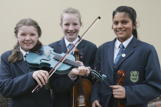 Thornhill College students who won the String Trio at feis Dhoire Cholmcille. From left are Sorcha Carlin, Ciana Darrell and Gargi Pandey. (2804C19)