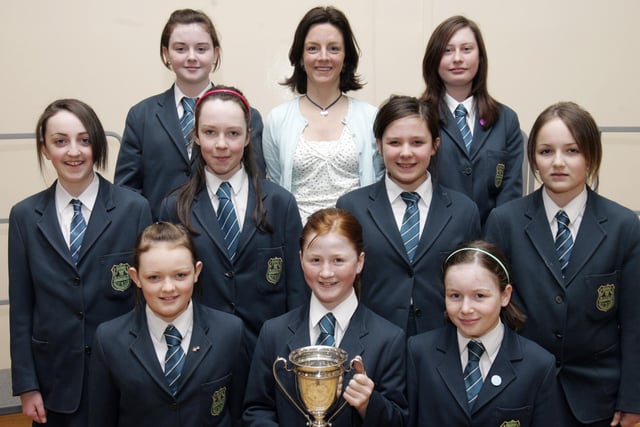 Thornhill College winners of the Drama Cup for Choral Verse at Feis Dhoire Cholmcille. Included is Mrs. Maeve O'Doherty, teacher. (2804C14)