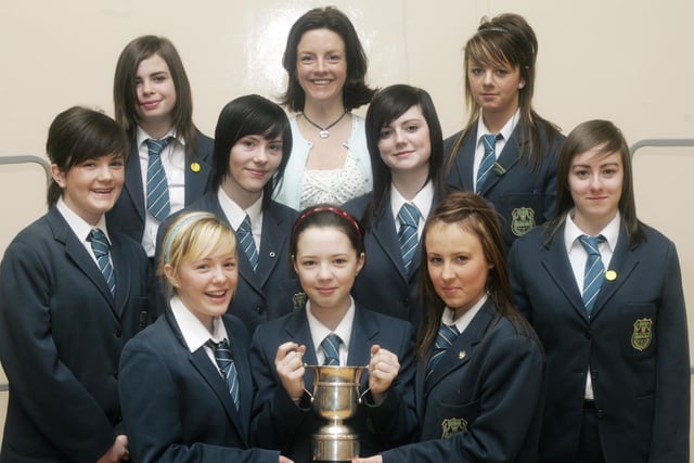 Thornhill College winners of the Group Mime Rose Bowl and the James Duffy Cup for highest mark in Group Drama. Included is Mrs. Maeve O'Doherty, teacher. (2804C15)