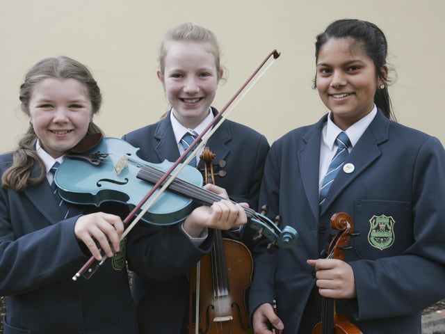 Thornhill College students who won the String Trio at feis Dhoire Cholmcille. From left are Sorcha Carlin, Ciana Darrell and Gargi Pandey. (2804C19)