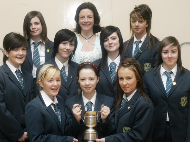 Thornhill College winners of the Group Mime Rose Bowl and the James Duffy Cup for highest mark in Group Drama. Included is Mrs. Maeve O'Doherty, teacher. (2804C15)