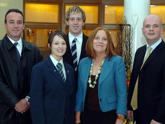 Helen Sharkey, Thornhill College, and Mark McIlveen, St Columb's College, who were awarded bursaries to represent theit schools at the International Youth Forum in London. Included, are Mr Noel Finn, chemistry, Mrs Marian Boyle, WELB, and Dr Damien McLaughlin, head of Science.