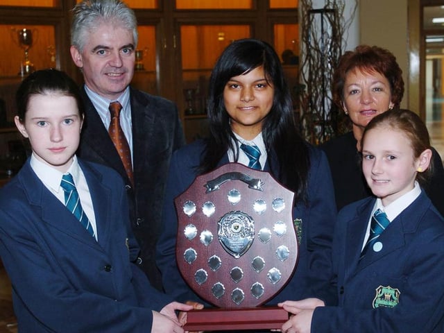 Pupils from Thornhill College who were winners in the Environmental Youth speaking competition. Included, are cliodna O'Connor, Gargi Pandey and Katie Boyle. Included are Mr Brian Douglas, co-ordinator of the debating society and Marguerite Hamilton, vice principal.