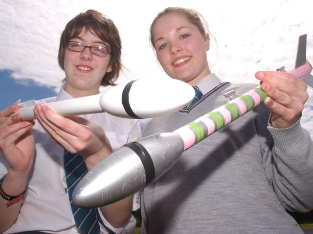 Jennifer Geoffrey and Leanne Weir from Thornhill College who built and launched rockets as part of their recent science fair, in conjunction with Asleigh McFadden, director of Greencastle Planetarium and Maritime Museum. (2706PG07)