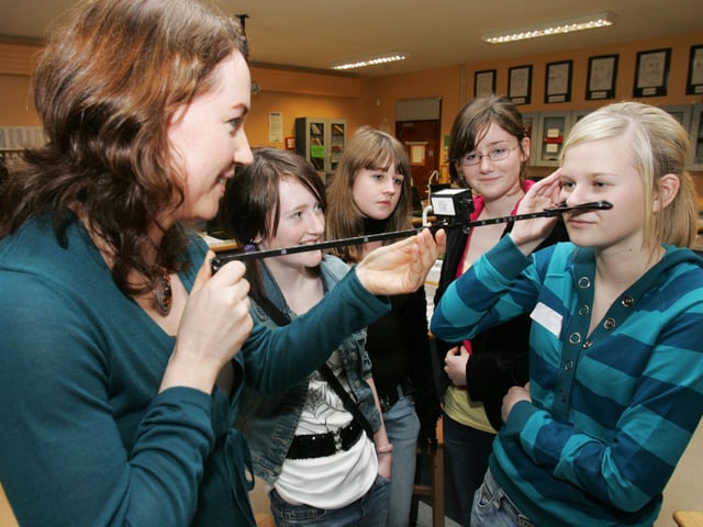 Pictured during Saturday’s Seagate Expanding Your Horizons event at Lumen Christi College is Optician Carmel Murray testing the eyes of Eimear Logue from St Mary’s High School, Limavady, and explaining the process as (from left) Clodagh Devine from Thornhill College, and Niamh Wilson and Orla O’Mahony from Lumen Christi College look on.