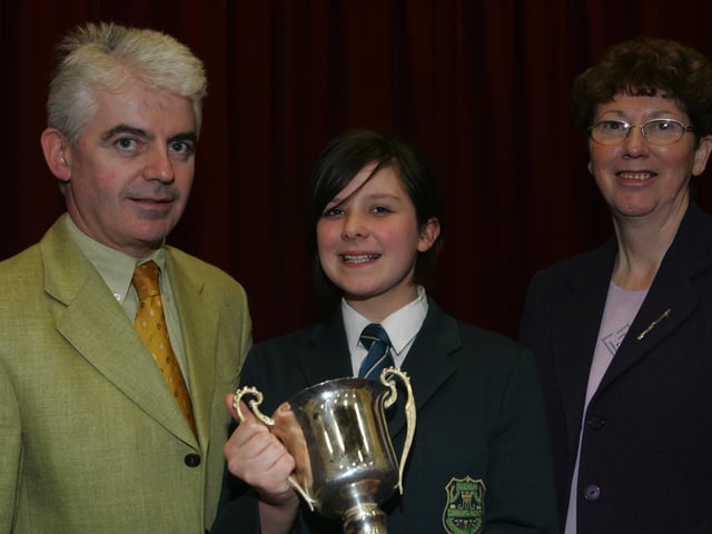 Thornhill College student Niamh Furey, winner of the Secondary school section f the Home Accident Prevention Public Speaking competition. Niamh is pictured here with teachers Brian Douglas and Marian McAlinney. (0704JB31)
