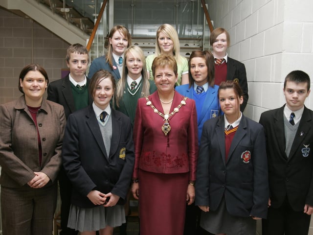 The Mayor of Derry, Councillor Lynn Fleming with representatives from local schools who attended the Mayor's Good Relatons Initative Prejudice Face On Cluster Day at the Calgach Centre. Included at front, from left, are Sue Divin, Community Relations officer, Derry City Council, Amy McCorriston (Lumen Christi), Sian McAdams (Immaculate Conception College) and Sean Chambers (St.Columb's College). Centre, from left, are Caolan Donaghy (St. Joseph's), Sinead McGilloway (St. Cecilia's) and Shannon O'Kane (St. Mary's). Back, from left, are Clare McGrory (Thornhill), Niamh Devenny (Oakgrove) and Bronagh O'Donnell (St. Brecan's). (1104C38)