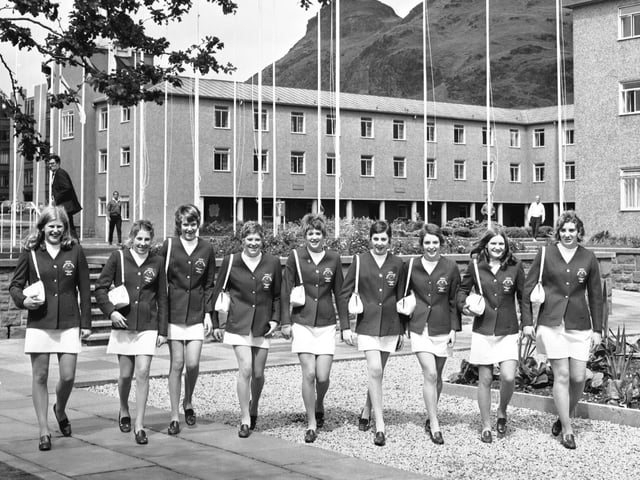 The Scottish women's swimming team check in at the Commonwealth Games village Edinburgh in July 1970.