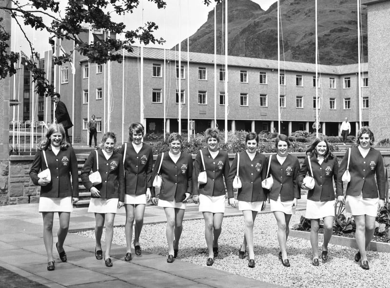 The Scottish women's swimming team check in at the Commonwealth Games village Edinburgh in July 1970.