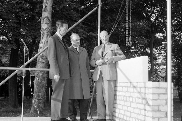 Lord Grant, headmaster Dr ID McIntosh and W G Lely laying the first stone for the new dining hall at Fettes College in October 1964.