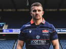 Ben Vellacott modelling Edinburgh Rugby's 150th anniversary special edition jersey for the 1872 Cup.