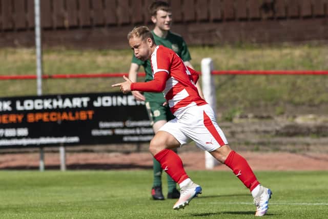 Lee Currie celebrates after scoring to make it 1-0 to Bonnyrigg Rose. Picture: Mark Scates / SNS Group