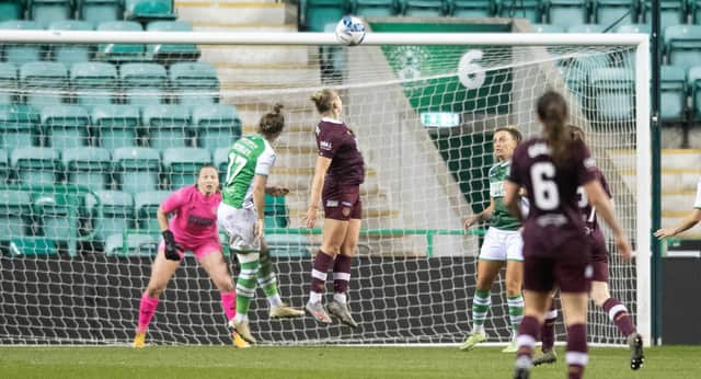 Georgia Timms' late header is excellently saved by Benedicte Håland in the Hibs goal. Picture: SNS