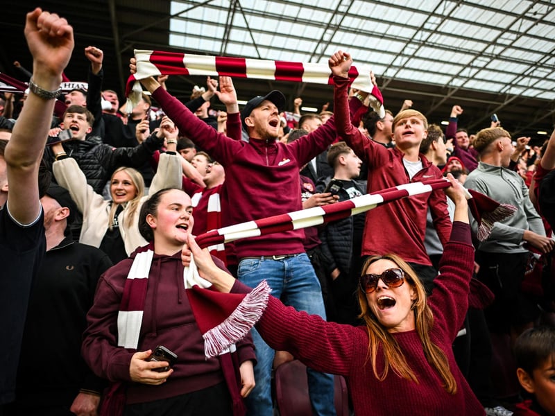 Hearts fans react after the final whistle (Photo by ANDY BUCHANAN / AFP via Getty Images)