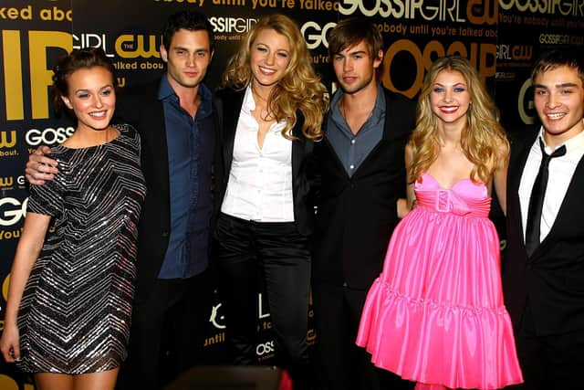 (L-R) Actors Leighton Meester, Penn Badgley, Blake Lively, Chace Crawford, Taylor Momsen and Ed Westwick who starred in the original Gossip Girl series