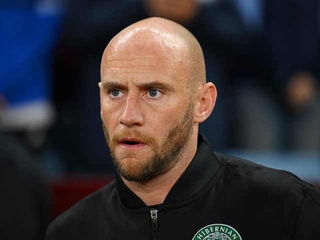 Interim Hibs boss David Gray looks on during the second leg of the Europa Conference League play-off tie against Aston Villa at Villa Park. Picture: Clive Mason / Getty Images