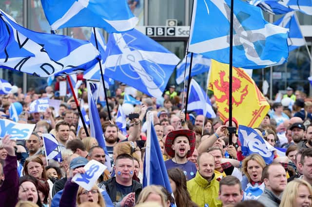 Independence supporters protest outside BBC Scotland about perceived bias ahead of the 2014 referendum (Picture: Jeff J Mitchell/Getty Images)