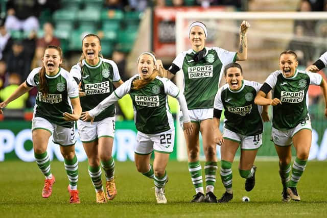 Hibs players run to celebrate after Hibs win the Capital Cup. Credit: Malcolm Mackenzie