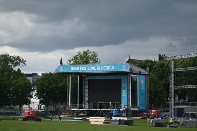 Building of the Glasgow Green Fan Zone for the Euro 2020 football tournament gets underway but concern surrounds the daily mass gathering of around 6,000 fans without the need for a Covid-19 test. PIC: John Devlin.