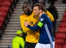 GLASGOW, SCOTLAND - SEPTEMBER 9: Scotland's Andy Robertson is consoled by Romelu Lukaku at full time during a UEFA Euro 2020 qualifier between Scotland and Belgium, at Hampden Park, on September 9, 2019, in Glasgow, Scotland. (Photo by Alan Harvey / SNS Group)