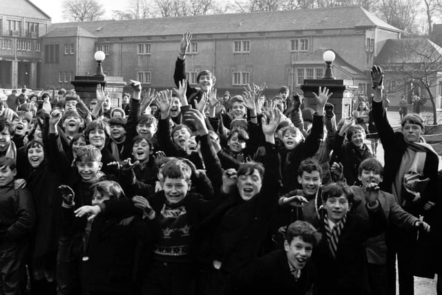 Pupils from Musselburgh Grammar School enjoy an extra half-day holiday thanks to a one-day teachers strike in December 1965.