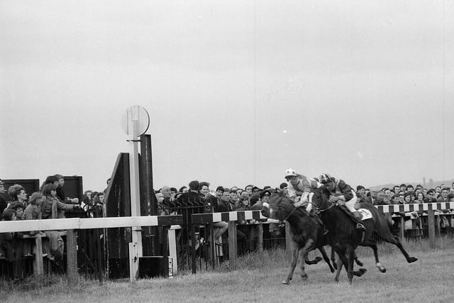 Gair Luce crosses the line first at Musselburgh Races in June 1964.