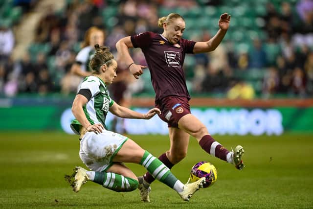 Georgia Timms, pictured in action against Hibs, ended her goal drought on Sunday when she scored in a 5-0 win over Hamilton. Picture: Malcolm Mackenzie