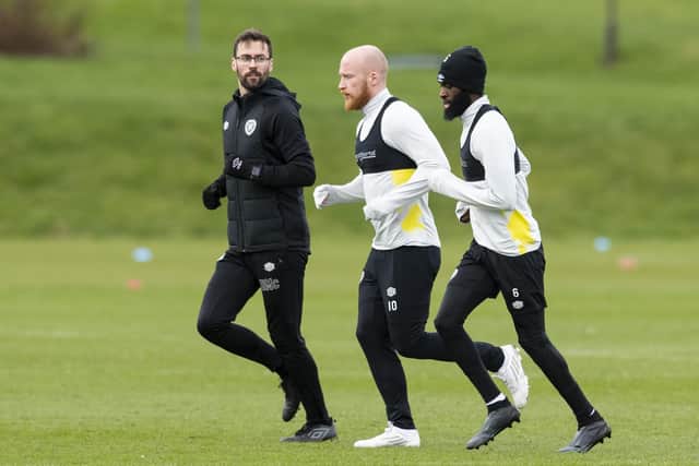 Liam Boyce and Beni Baningime are put through their paces at Hearts training. Picture: SNS