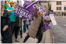 School support staff members of Unison during a rally outside the Scottish parliament in Holyrood, Edinburgh on Wednesday September 27, 2023. Photo: Jane Barlow/PA Wire