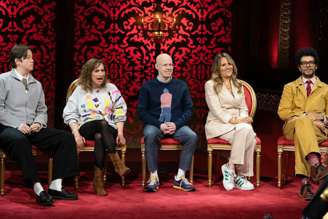 The contestants for series 22 of Taskmaster, which started this week. From left, Chloe Petts, Isy Suttie, Matt Lucas, Nina Conti and Richard Ayoade (Picture: Avalon Television Ltd/Channel 4)