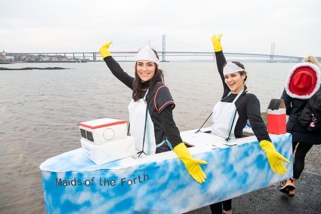 Niamh O'onnell and Laura Mesa took to the sea in their specially-made boat as "Maids of the Forth" for the 2020 Loony Dook at South Queensferry.
