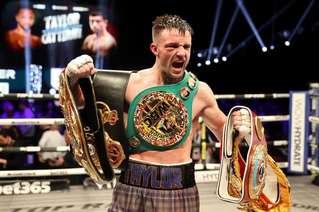 Josh Taylor celebrates victory in the light-welterweight bout against Jack Catterall in the at the OVO Hydro, Glasgow