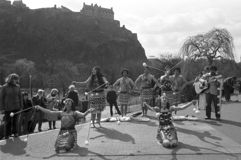 Maori singers and dancers performing in traditional costume in Princes Street gardens Edinburgh, April 1980.
