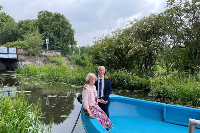 The happy couple on board the canal boat in Edinburgh.