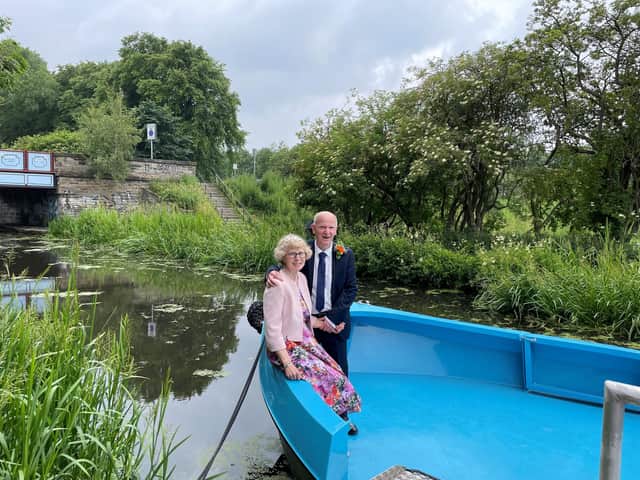 The happy couple on board the canal boat in Edinburgh.