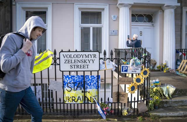 Locals have left messages of support and flowers outside the Ukraine Consulate in Edinburgh. (Photo credit: Jane Barlow/PA Wire)