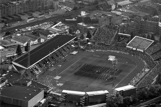 An aerial shot of the opening ceremony of the Edinburgh Commonwealth Games.