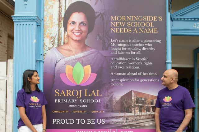 Saroj Lal's son, Vineet Lal,  and granddaughter, Isha Saini, outside the new centre in Morningside. - Picture by: Jon Davey