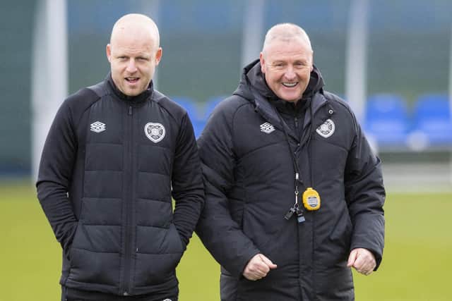 Hearts technical director Steven Naismith and head coach Frankie McAvoy in training. Picture: SNS