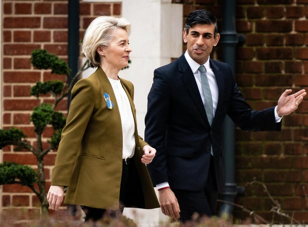 <p>Prime Minister Rishi Sunak welcomes European Commission president Ursula von der Leyen at the Fairmont Windsor Park hotel in Englefield Green, Windsor, Berkshire, ahead of a meeting to discuss a "range of complex challenges" around the Brexit treaty. Picture date: Monday February 27, 2023.</p>