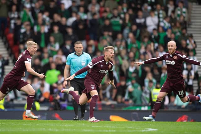 Stephen Kingsley celebrates scoring what would prove to be the winning goal for Hearts against Hibs in Saturday's Scottish Cup semi-final. Picture: SNS