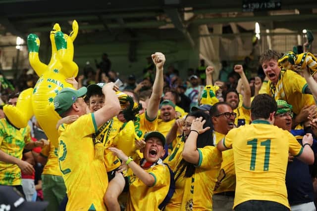 Australia fans celebrate their team's goal against Denmark as the Socceroos upset the odds to reach the last 16. Picture: Getty